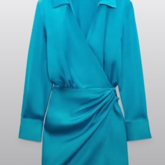 NWT Zara DRESS BLUE MARL turquoise satin effect wrap dress - Sz M - Picture 1 of 7